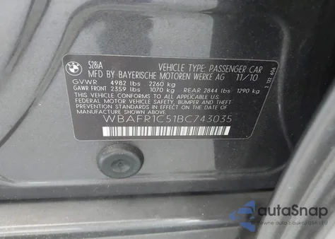 2011 BMW 528I from USA, damaged, VIN WBAFR1C51BC743035